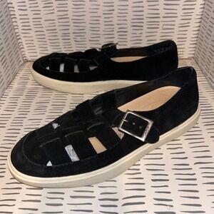 Anthro Naya Junper Black Suede Cage Buckle Fisherman Sandal Flats Womens Size 8